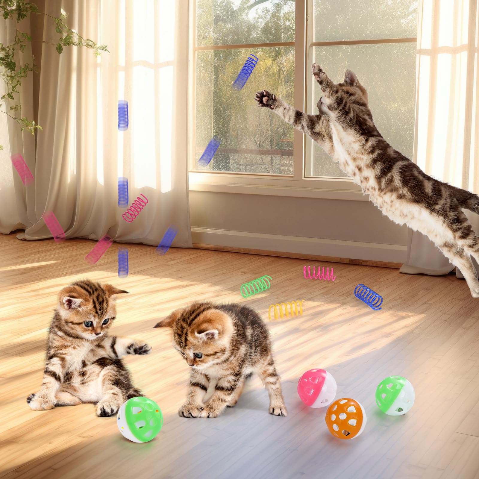Palksky Ball Pit With 210 Toy Balls And 4 Spring Toys - Interactive Cat Toys For Bored Indoor Cats Self Play, Enrichment Toy For